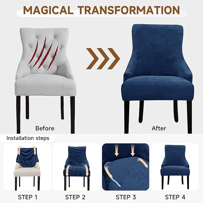 Velvet Wingback Dining Chair Cover Soft Stretch Accent Chair Cover Slipcover Thick Plush Wing Back Chairs Covers Furniture Protect Washable Chairs Protector Covers for Dining Room (Deep Blue, 4)