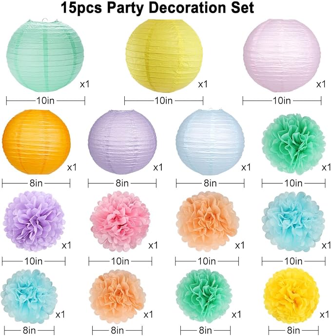 zilue Pastel Party Decorations, Paper Lanterns and Pom Poms Flowers for Birthday Party Baby Shower Easter Decor Pack of 15 Pieces