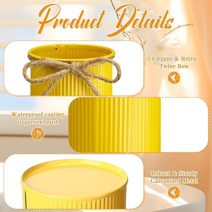 Rustic Vase for Table Centerpieces 4.33 Inch Small Petite Flower Vase with Twine Bow Vintage Farmhouse Decor for Wedding Reception Dining, Home Galvanized Metal Buckets(Yellow, Orange, Iron,24 Pcs)
