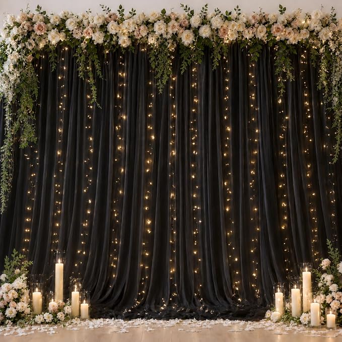 Ledido 2 Pack 10×10ft Black Tulle Backdrop Curtains with Lights String - 600LED Fairy Lights Sheer Curtain Backdrop for Wedding Baby Shower Photo Shoot Birthday Party Decoration(4 Panels 5×10ft)，Black