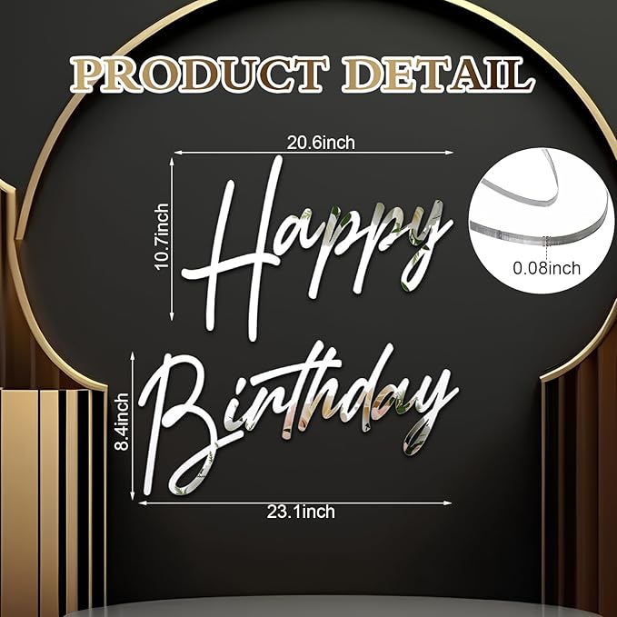 Yousoontic Happy Birthday Sign for Backdrop Large Happy Birthday Sticker Letter Acrylic Mirror Decal for Balloon Arch Wall Kpop Party, Peel Off Acrylic Film(23 x 20 Inches,Classic,Silver)