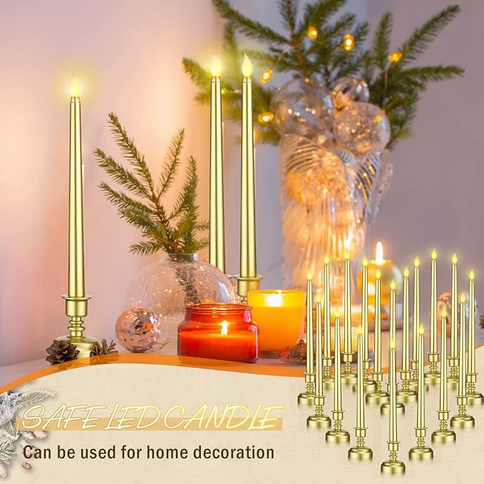 Fumete 16 Pcs Flameless Candles with Gold Base Battery Powered Taper Candles Battery Operated LED Candlesticks for Party Home Wedding Dinner Decorations