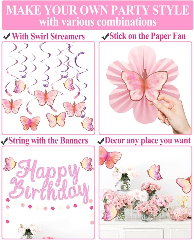 Butterfly Birthday Decorations Party Supplies with Pre-strung Happy Birthday Banner,Flower Garland,Cake Cupcake Toppers,Hanging Swirls, Paper Fan Spring-themed Decor Pack for Women Girls (Pink)