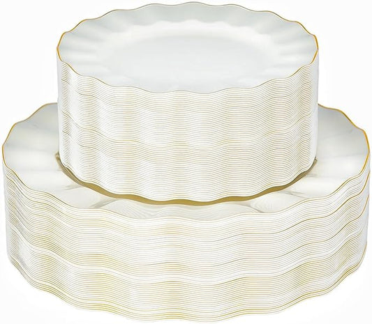 72PCS Ivory White Plastic Plates, Heavy Duty Disposable Party Plates with Gold Rim, 36 Dinner and 36 Dessert for Parties and Wedding