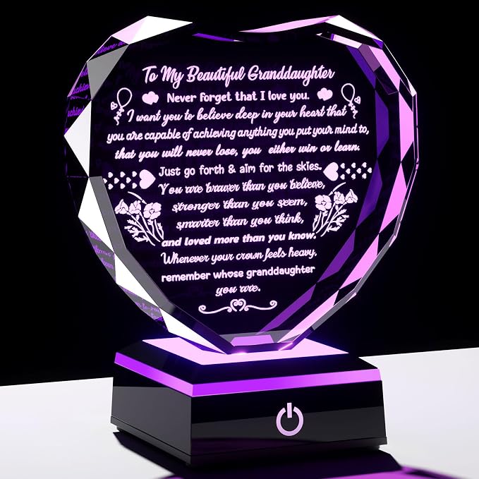Arikyrist Birthday Gifts for Granddaughter Crystal Heart Plaque with LED Base Granddaughter Gifts from Grandma Graduation Wedding Christmas Presents for My Granddaughters