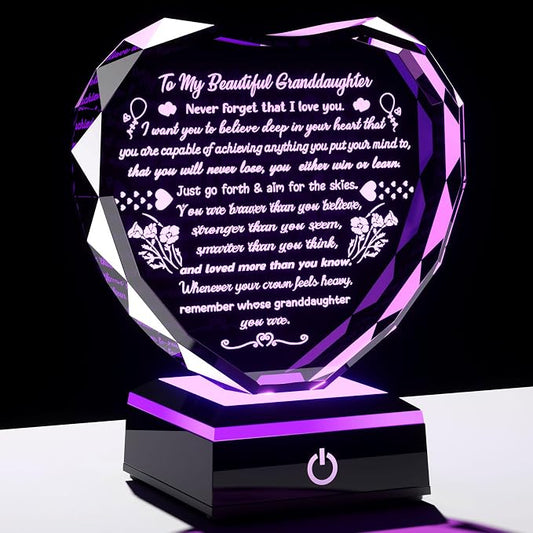 Arikyrist Birthday Gifts for Granddaughter Crystal Heart Plaque with LED Base Granddaughter Gifts from Grandma Graduation Wedding Christmas Presents for My Granddaughters