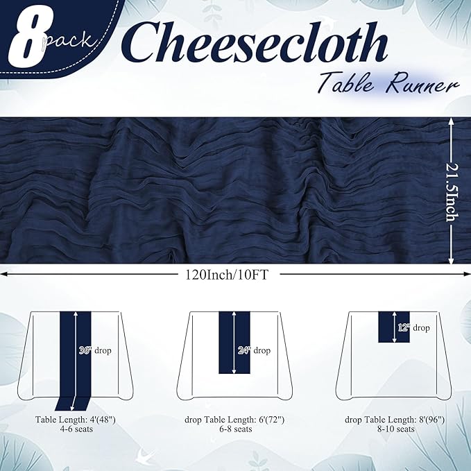 8 Pack Navy Blue Cheesecloth Table Runner 10FT Long Boho Gauze Fabric Table Runner Vintage Rustic Sheer Runners for Wedding Party Bridal Baby Shower Table Decorations