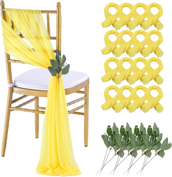 QueenDream Yellow Chair Sashes Wedding: 16 Pieces Long Sheer Wedding Aisle Chair Decorations Tulle Chairs Covers with Artificial Eucalyptus