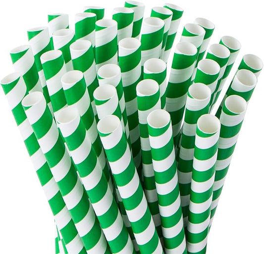 Webake Extra Wide Green Paper Straws Biodegradable 0.4 Inch Smoothie Straws, Bulk 100 Pack Green Striped Jumbo Drinking Straws, Christmas Decorations Great for Smoothies, Bubble Tea, Shake