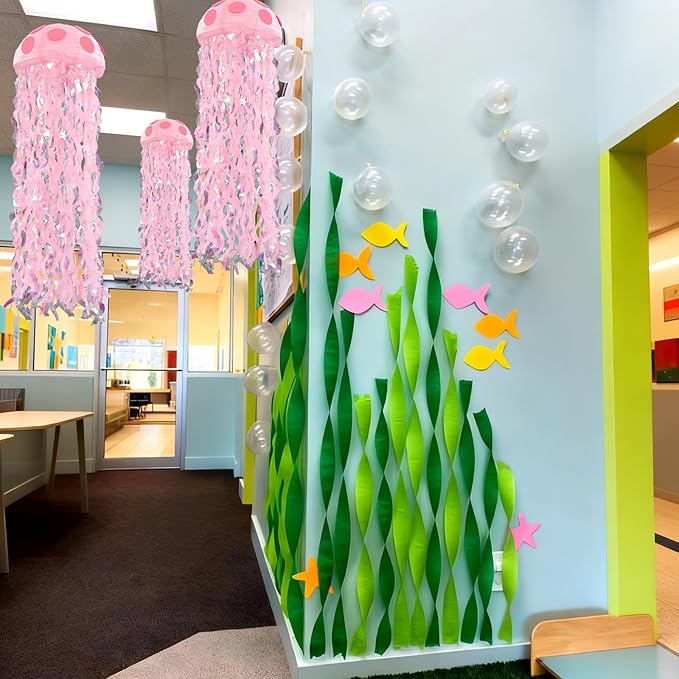 VioraWhite 37 Pcs Cartoon Sponge Party Decorations 6 Pcs 9.8'' Hanging Jellyfish Paper Lanterns with Bubble Garlands Flower Crepe Paper Under The Sea Party Decorations for Mermaid Ocean Birthday Decor