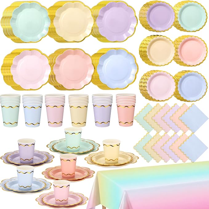 Yungyan 193 Pcs 48 Guests Pastel Gradient Rainbow Birthday Party Supplies Disposable Tableware Set 9 oz Paper Cups with Handle 7" 9" Paper Plate Napkin Tablecloth for Party Wedding Baby Shower