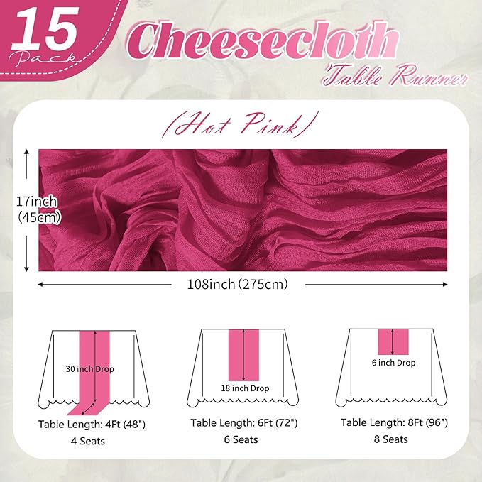 15 Pack Hot Pink Cheesecloth Table Runner 17 x 108 inch Cheese Cloth Table Runners 9ft Pink Table Runner Rustic Romantic Sheer Gauze Runner for Wedding Party Baby Shower Table Decoration