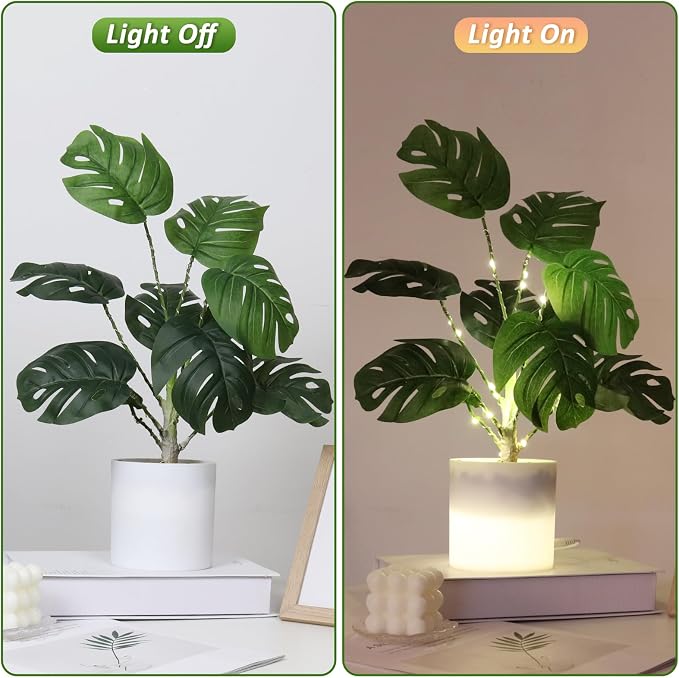 RECUTMS Fake Plants Tall 18In with Light Artificial Monstera Plant Potted Tropical Palm Tree in White Pot Faux Potted Greenery for Indoor Home Office Table Living Room Balcony Porch Outdoor Decor