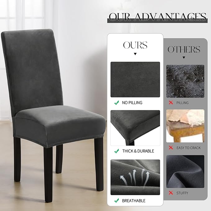 MOSAYT Velvet Stretch Chair Covers for Dining Room Set of 4 - Soft Slipcovers with Thick Removable Fabric for Parsons Chairs, Washable Seat Protectors for Kitchen, Banquet & Home Decor, Dark Grey