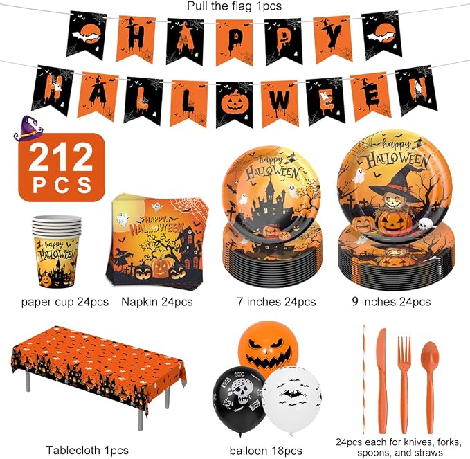 212Pcs Halloween Party Supplies Tableware Set for 24 Guests Disposable Pumpkin Ghost Themed Dinnerware Includes Paper Plates Napkins Cups Forks Knives Spoons Halloween Balloons, Banner & Tablecloth