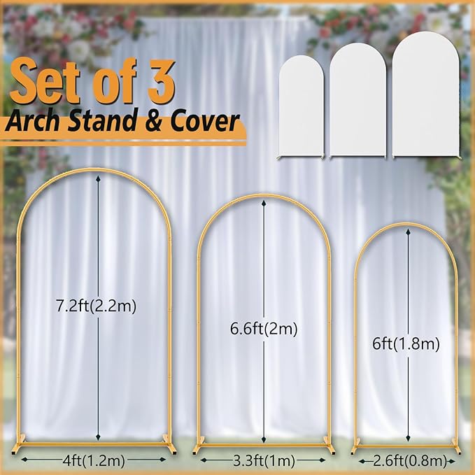 Arch Backdrop Stand and Cover Set (7.2ft,6.6ft,6ft) Metal Arch Frame Stand Gold with White Cover for Wedding Birthday Party Baby Shower with Storage Bag(White, 7.2FT+6.6FT+6FT)