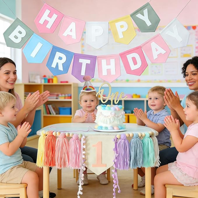 Pastel Rainbow 1st Birthday High Chair Decorations- Boho Macaron Felt Happy Birthday Banner First Birthday Highchair Banner With One Cake Topper & Party Hat, 1st Birthday Party Decorations