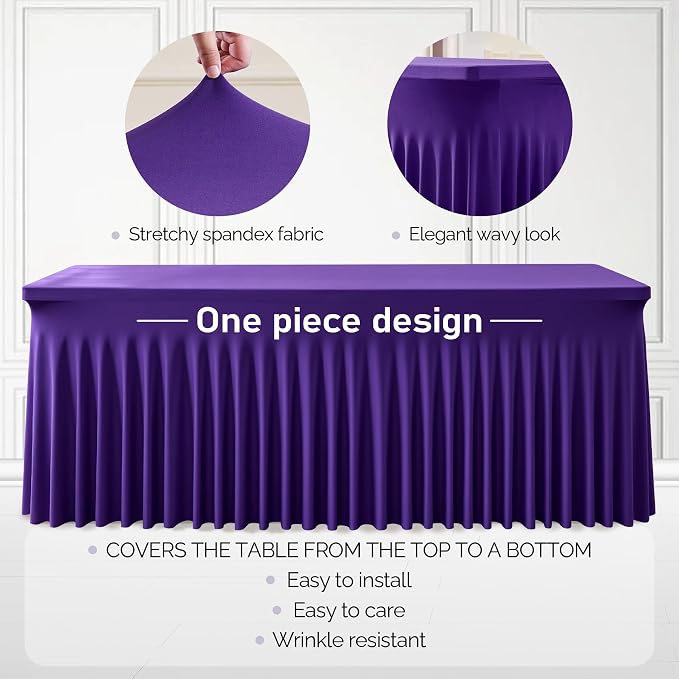 2 Packs Purple Table Clothes for 8 Foot Rectangle Tables, One-Piece Wrinkle Resistant Stretch Spandex Table Covers with Skirt for Event Banquet Wedding Birthday Party