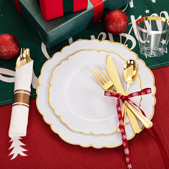 Morejoy 175PCS Gold Plastic Plates，White Gold Disposable Plates with Pre Rolled Napkins:25 Dinner Plates,25 Dessert Plates,25 Spoons,25 Forks,25Knives,25Cups,25Napkins for Party & Mother's Day