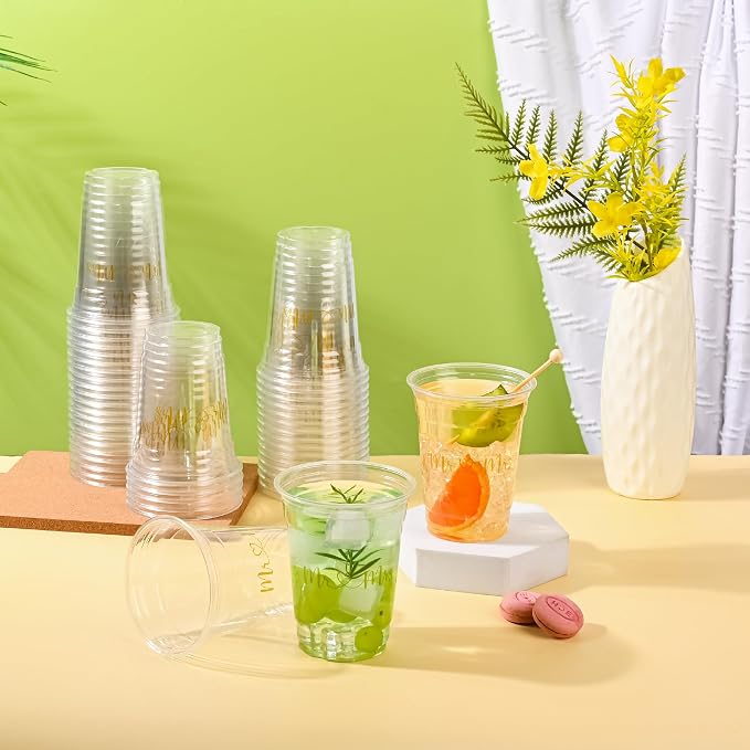 AimFun 50Pcs Mr and Mrs Plastic Cups Wedding Bridal Shower Disposable Party Cups Wedding Reception 12oz Clear Drinking Cup for Anniversary Birthday Party Supplies Decorations (50, Gold)