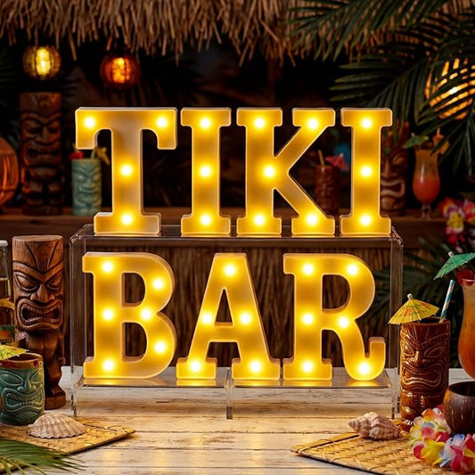 Honoson 7 Pcs Hawaiian Luau Tiki Party Decoration Tiki Bar LED Light Sign Hawaii Summer Tropical Table Lights up Sign for Summer Pool Beach Hawaiian Themed Party Supplies
