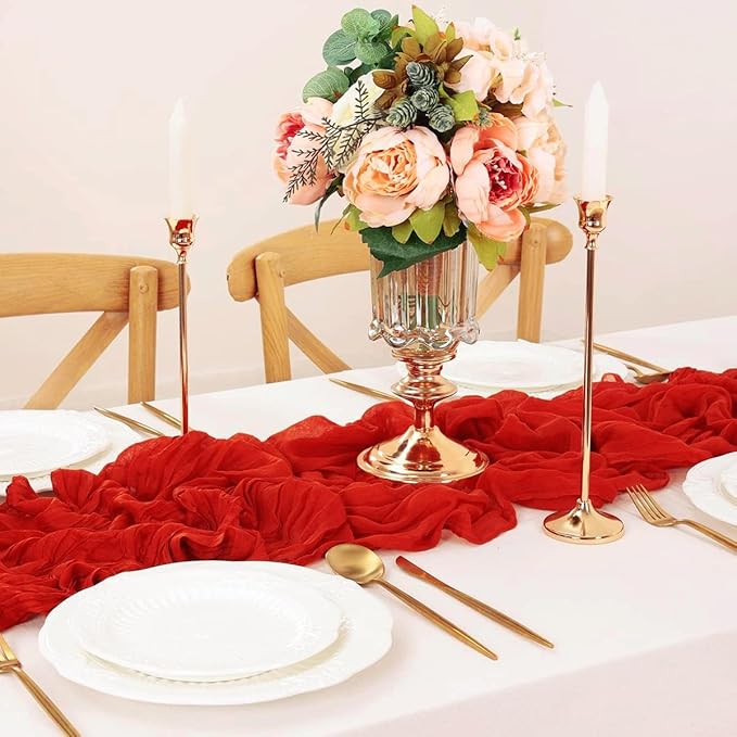 MDS Pack of 25 Cheesecloth Table Runner 35x120 Inch, 10FT Long Gauze Cheese Cloth Table Runner for Wedding Party Birthday Bridal Shower Farmhouse Garden Boho Rustic Table Decoration - Red