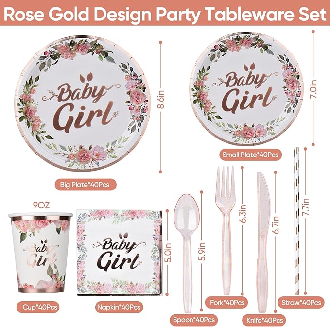 320 Pcs Rose Gold Baby Shower Decorations Set for 40 Guests, Baby Girl Shower Party Supplies Tableware Includes Plates and Cups and Napkins Straws Sets (40)