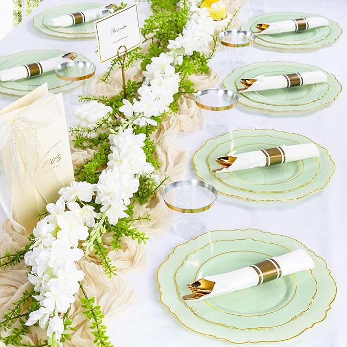 Liacere 175PCS Light Green Plates - Disposable Green and Gold - 25guest Baroque Dinnerware include 50Plates,25Pack Pre Rolled Napkins with Silverware 25Cups for Wedding ＆ Party & Spring