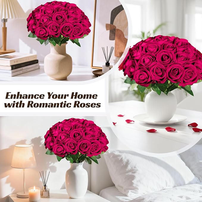 50 Pcs Fake Roses Burgundy Artificial Flowers Bulk, Faux Velvet Silk Rose Bouquet with Long Stems Real Look for Wedding Party Centerpieces Vases Decor