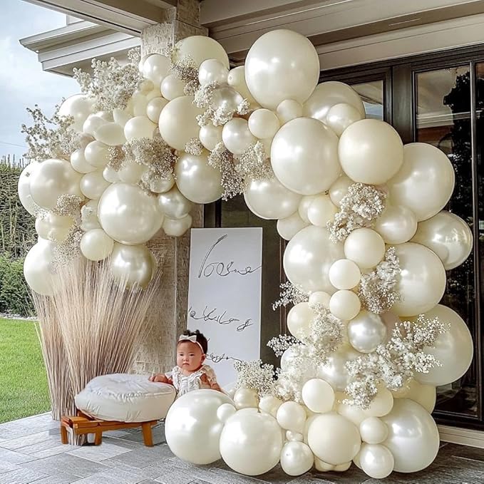 Pearl White Balloon Arch Double Stuffed Pearl White Sand Balloon Garland Kit Ivory Cream Beige Balloons Different Sizes for Birthday Baby Shower Bridal Shower Wedding Baptism Party Decor