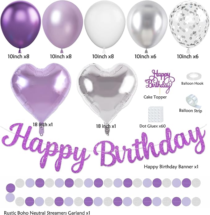 Purple Silver Birthday Party Decorations Kit with Happy Birthday Banner, Paper Lanterns, Streamers, Tissue Pom Poms, Honeycomb Flower Fans, Silver and Purple Balloons, & More for Women Girls' Party