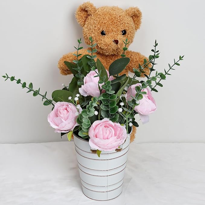 Artificial Flowers in Pot - 10 Inches Pre-Made Large Faux Silk Rose Floral Greenery Table Centerpieces with Rustic Tall Metal Vase for Farmhouse Home Decoration - Pink