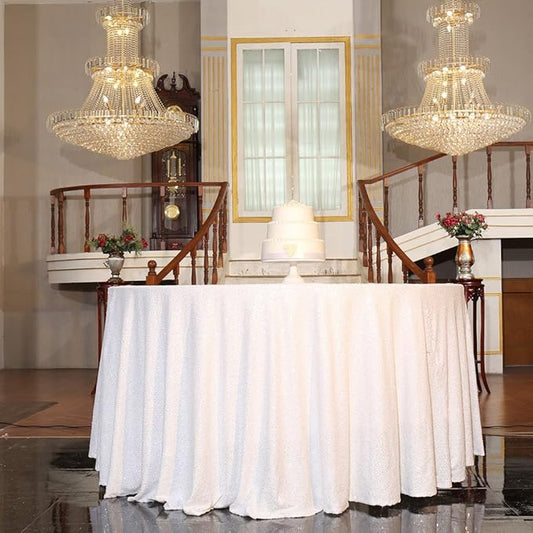 PartyDelight White Sequin Tablecloth Round 108" Table Linen for Wedding, Banquet, Party