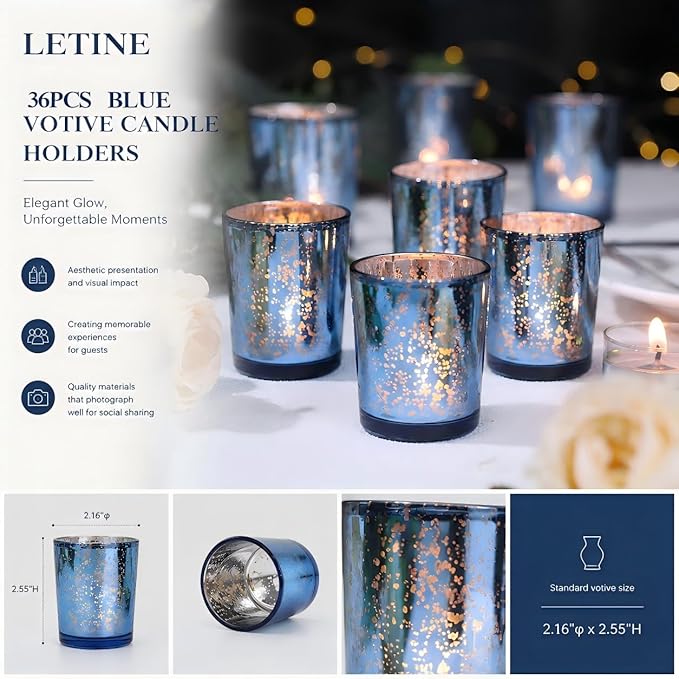LETINE Blue Votive Candle Holders Set of 36 -Mercury Glass Candle Holders for Wedding & Baby Shower Decor - Ideal for Bridal Shower & Centerpieces for Tables