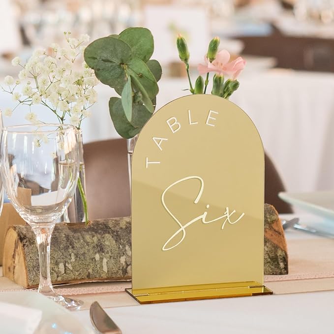 Gold Mirror Arched Wedding Table Numbers 1-10 with Stands, 5x7 Inch Acrylic Arch Sign with Holder, Gold Arch Acrylic Table Numbers for Wedding Reception