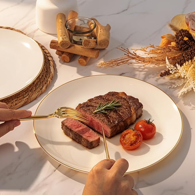 I00000 150Pcs Ivory Plastic Plates with Gold Rim,Nice Disposable plates,Gold Plastic Plates,Ivory Disposable Plates Set include 30 Dinner Plate,30 Dessert Plate,90 plastic Silverware Set for Party