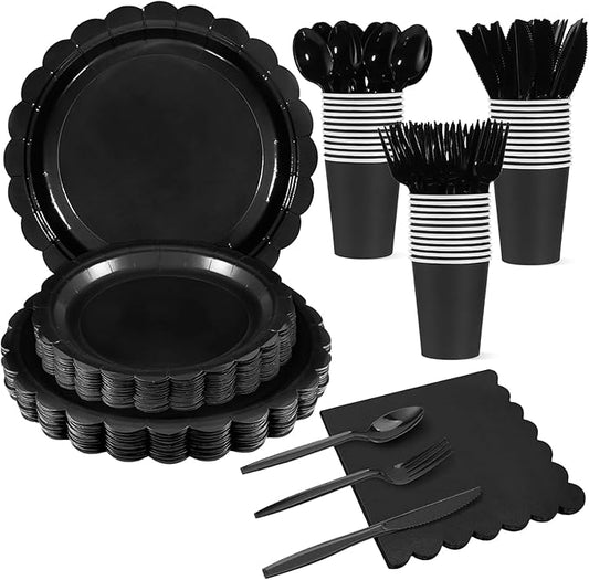 175 Pcs Black Plates and Napkins 25 Guest Black Graduation Party Supplies Includes Scalloped Party Plate Napkins Cups Plastic Cutlery for 2026 Graduation, Birthday, New Year