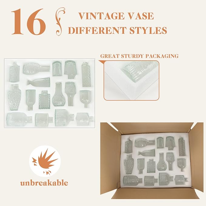WARMALL Artificial Flowers with Vases, 16 Pcs Bud Vases, & 81 Pcs Artificial Plants DIY Set Suitable for Centerpieces Table Weddings Party Office and Indoor Decor Mini Small Glass Clear(White)