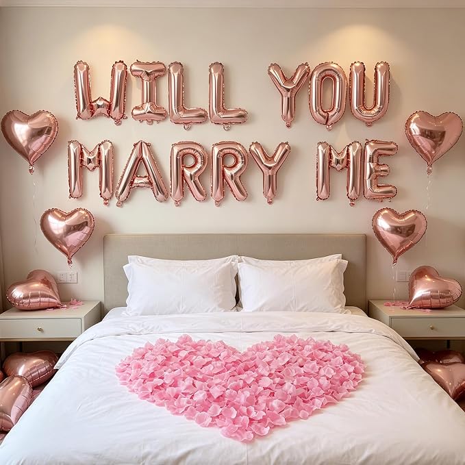 2 Set Rose Gold WILL YOU MARRY ME Balloons - 28pcs 16" Letter Balloons 10pcs 18" Heart Balloons 1200pcs Rose Gold Artificial Rose Petals Alphabet Foil Mylar Balloons for Valentines Day Decorations