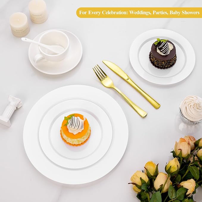 Goodluck 200PCS White Plastic Plates, Heavy Duty Disposable Plates with 100 10.25 inch Dinner Plates and 100 7.5 inch Dessert Plates for Party, Holiday, Wedding