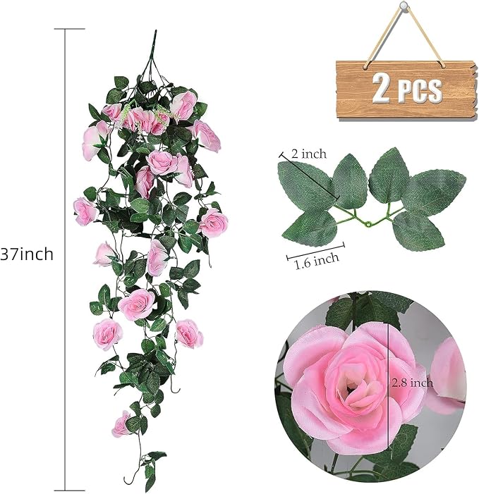 RECUTMS Artificial Pink Roses Fake Hanging Flower Plants, 2PCS 37 Inch Silk Floral Ivy Garlands for Outdoors Home Room Garden Wedding Bridal Shower Friendship Valentine’s Day Indoor Party Decoration