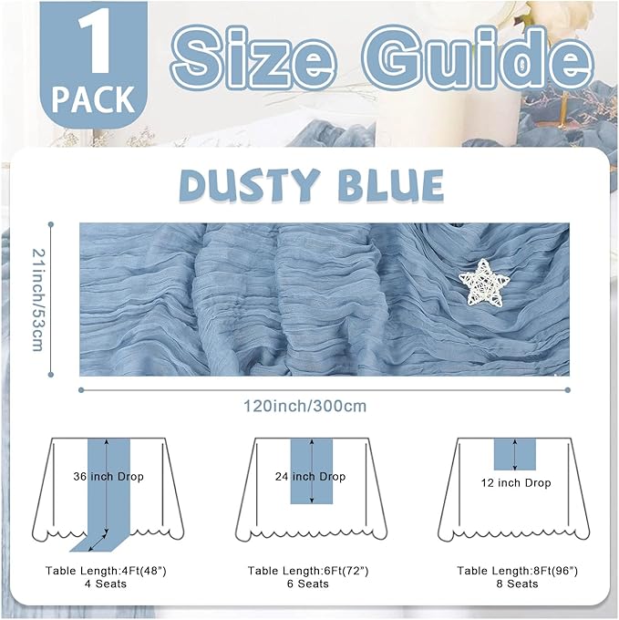Dusty Blue Cheesecloth Table Runner 21x120 Inch Gauze Table Runners Reusable Polyester 10ft Boho Rustic Cheese Cloth Table Runner for Wedding Party Baby Shower Birthday