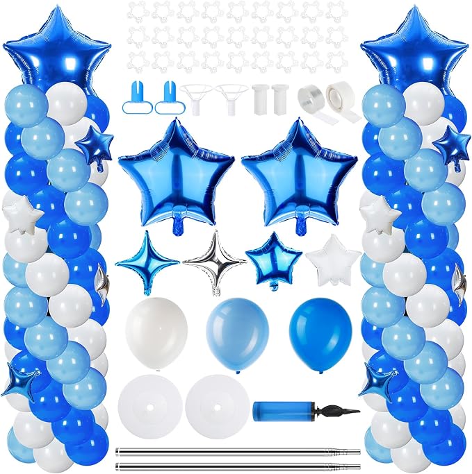 Gejoy 110 Pcs Blue White Balloons Column Stand Kit Adjustable Tower Stand from 1.4 to 6.6 ft with Bases for Back to School Wedding Birthday Baby Shower Party
