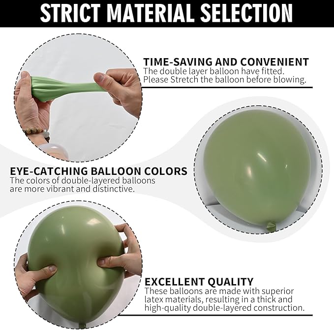 Double Stuffed Sage Green Balloons, Retro Olive Green Balloon Garland Kit Different Sizes 18/12/10/5 Inch Avocado Eucalyptus Green Latex Balloon Arch Kit for Jungle Safari Birthday Party Decorations