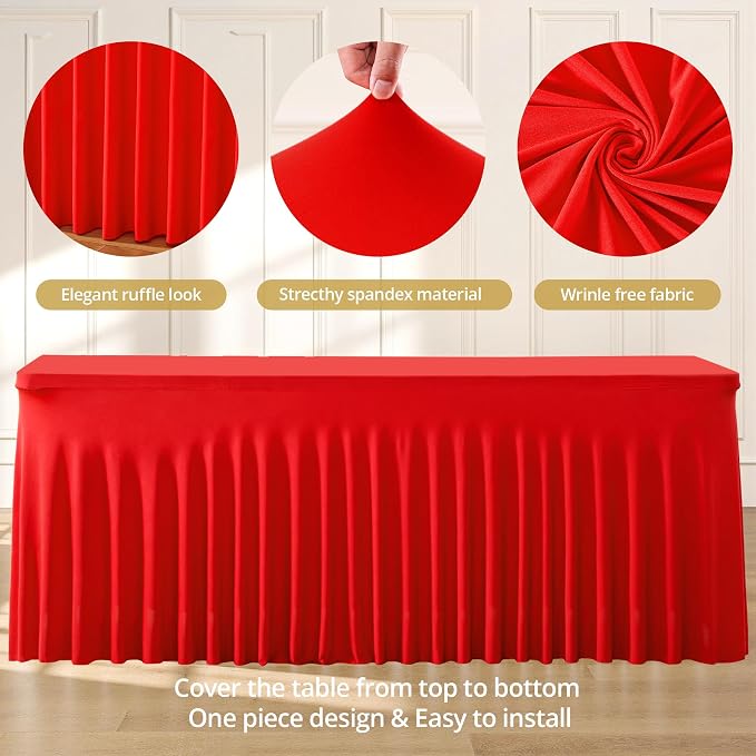 2 Pack Red Spandex Tablecloths for Rectangle Tables 6 Foot Red Stretch Table Cloth Rectangle 6ft Elastic Fitted Table Cover Fabric with Skirt for Wedding Graduation Birthday Party Banquet Buffet