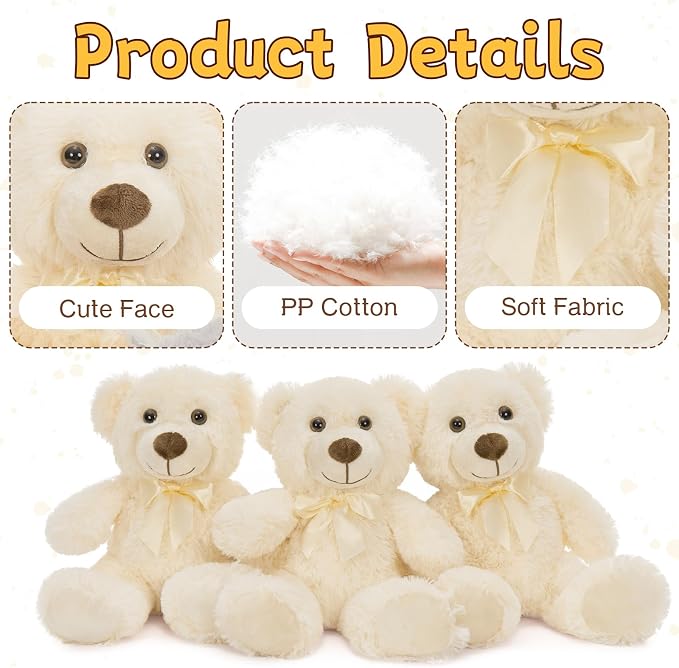 MaoGoLan 3 Pieces Bulk Soft Beige Stuffed Animals, 13.5" Cuddly Mini Teddy Bears for Baby Shower, Wedding, Party, Engagement
