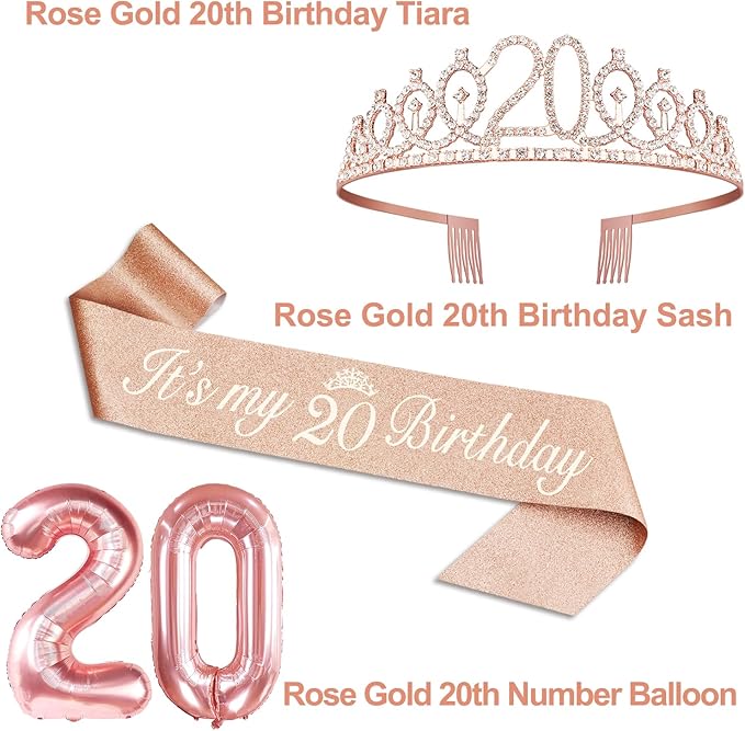 20th Birthday Decorations for Women, Including 20th Birthday Sash and Tiara, Cake Topper and Candles, Number Balloons, 20 Year Old Gifts for Women