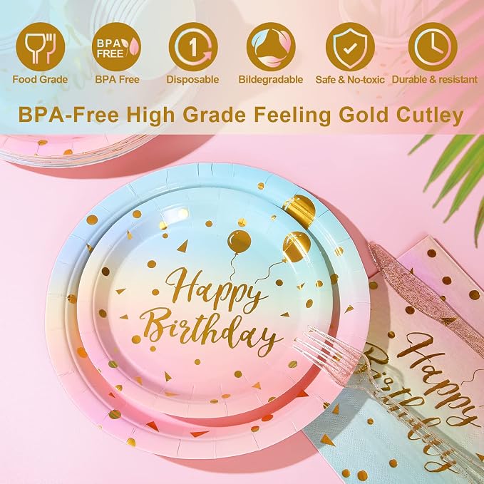 200 Pcs Pastel Party Supplies Birthday Party Plates and Napkins Sets,Disposable Pastel Birthday Plates - Rainbow Paper Plates Napkins Cups for Birthday Baby Shower Party Decorations