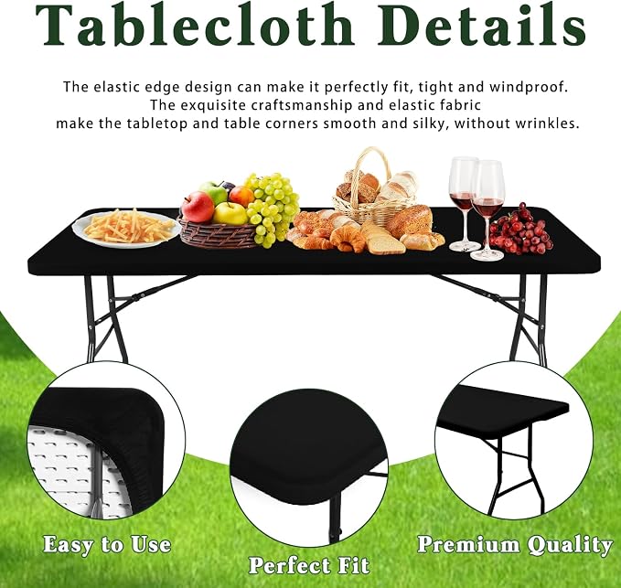 10 Pack Picnic Table Cover Fitted Tablecloth for 8 Foot Rectangle Tables Elastic Waterproof Stretch Washable Patio Folding Outdoor Spandex Table Cloth for Camping Banquet and Parties (Black,30" x 96")