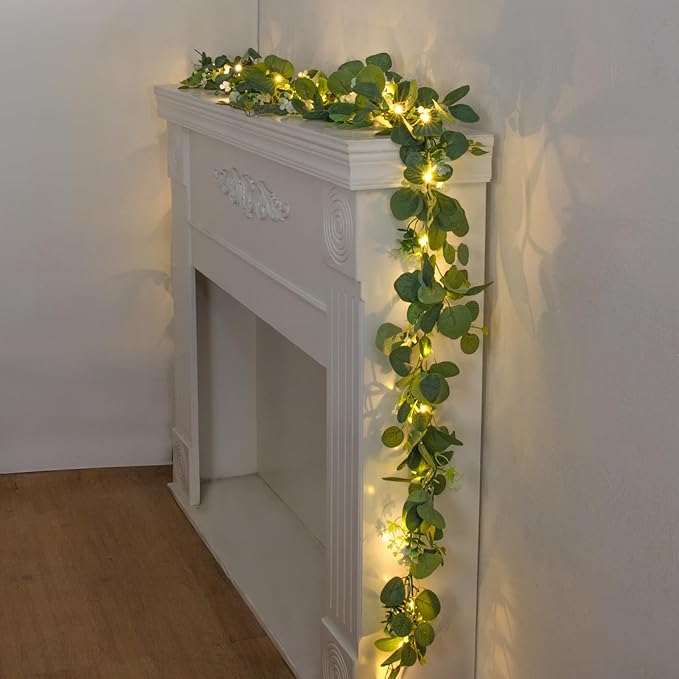 N&T NIETING 4 Pack Artificial Eucalyptus Garland with Lights, 6FT Artificial Greenery Garlands, Battery Operated Twig Vine for Room Stairs Mantle Wedding Holiday Mothers Day Decoration Indoor Outdoor